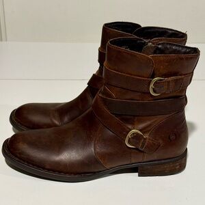 Born Brown Leather Buckle Strap Ankle Boots